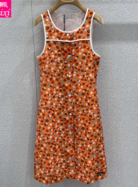 鑫黛熙26夏季新款度假风无袖碎花连衣裙女修身显瘦设计感橙色裙子