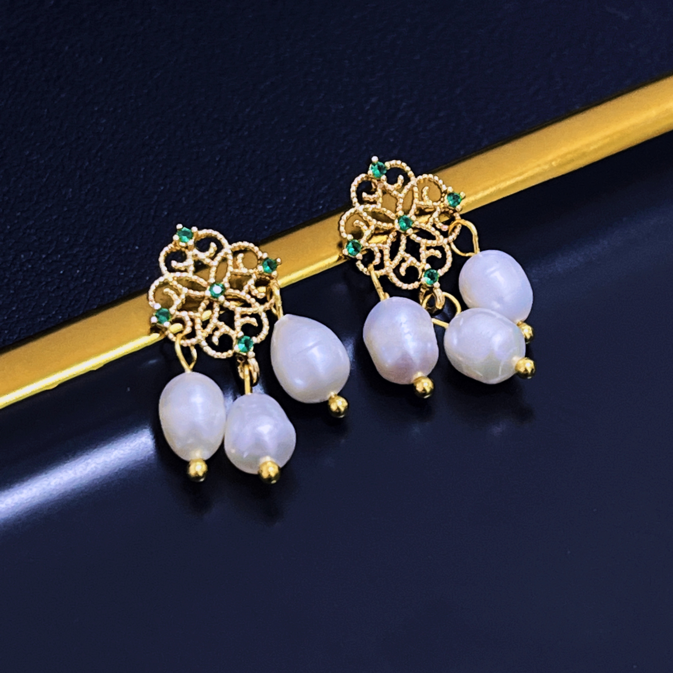 法式~淡水珍珠 微镶锆石925银针镀14K宫廷耳钉女镂空蕾丝耳饰耳环