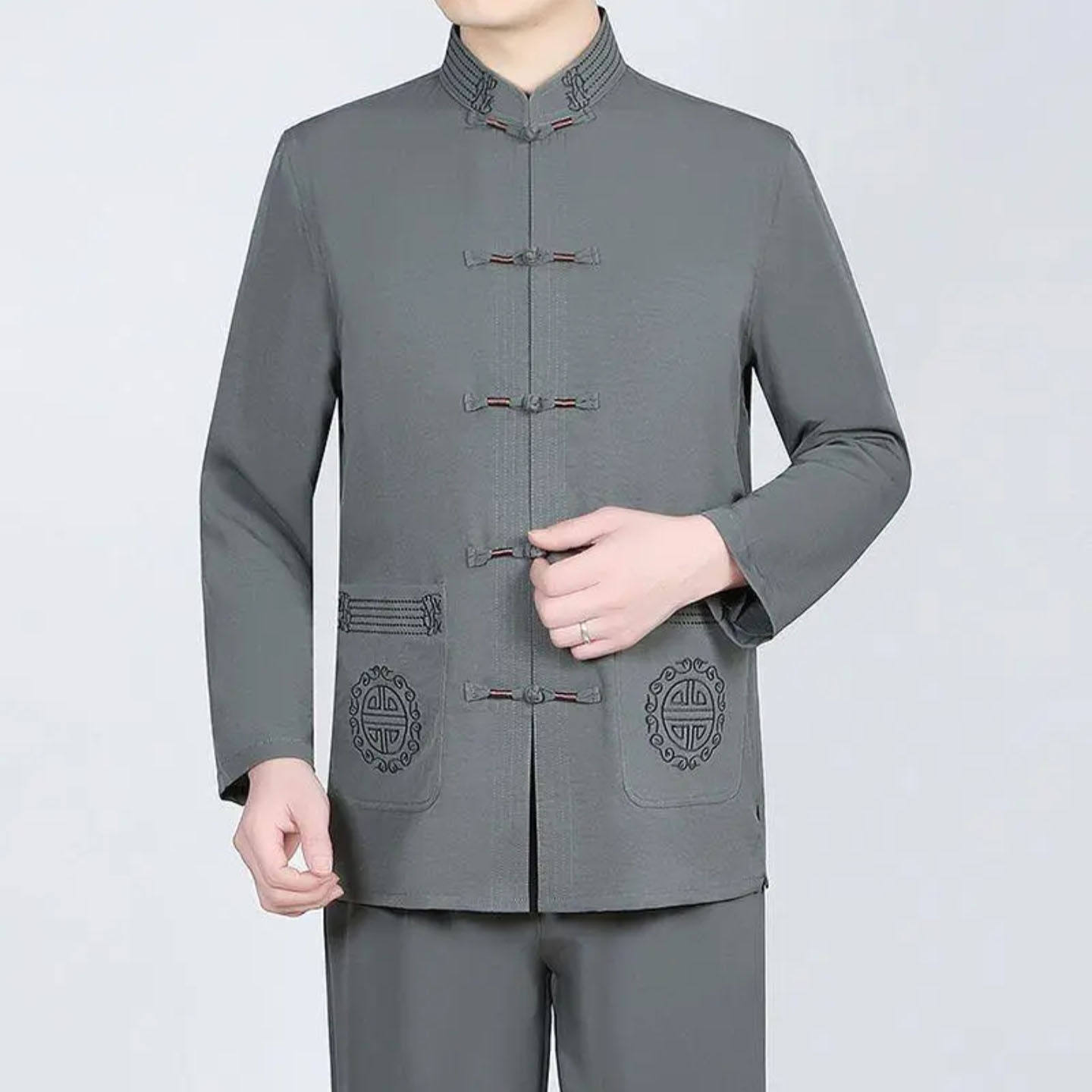 宏嫩中老年冰丝唐装男装男士长袖爸爸衣服爷爷太极服休闲上衣套装