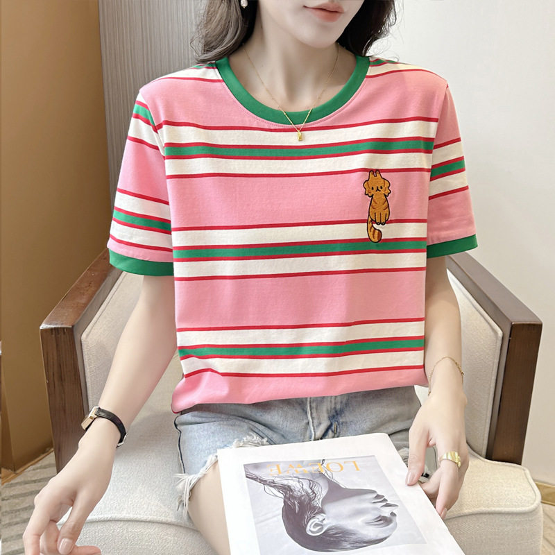 韩版条纹刺绣短袖T恤女夏显瘦