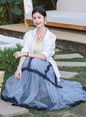 欧美甜美波点印花大摆网纱裙女 春夏新款设计感高腰百搭花边A字裙