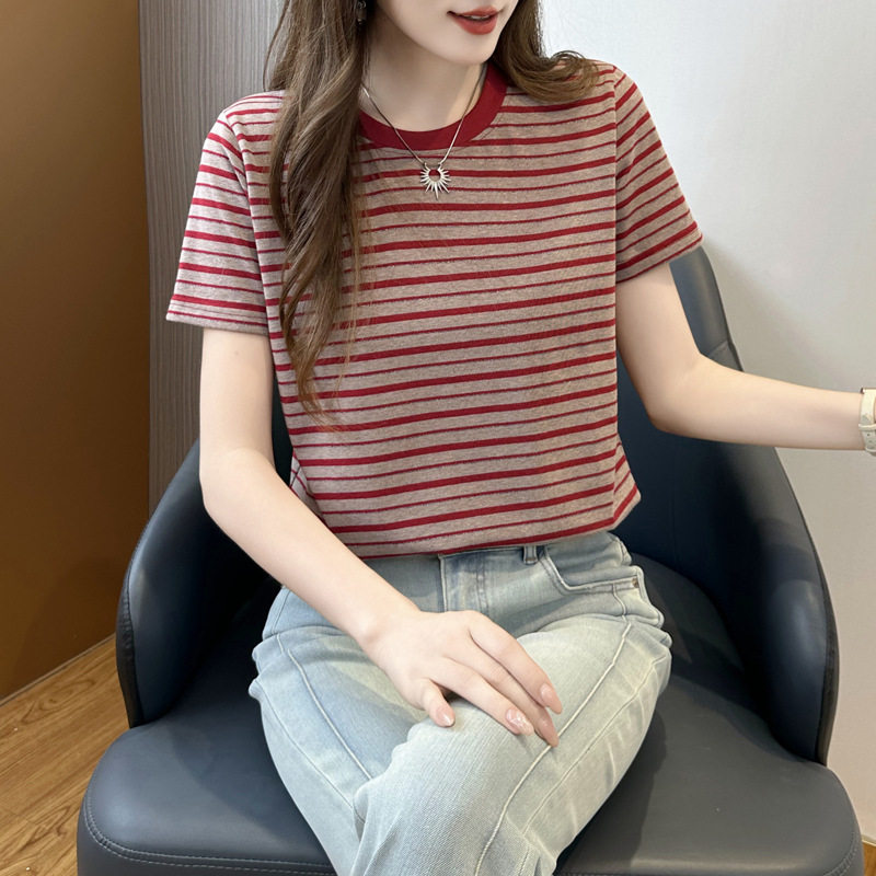 222~条纹t恤圆领宽松2025新款短袖女装上衣