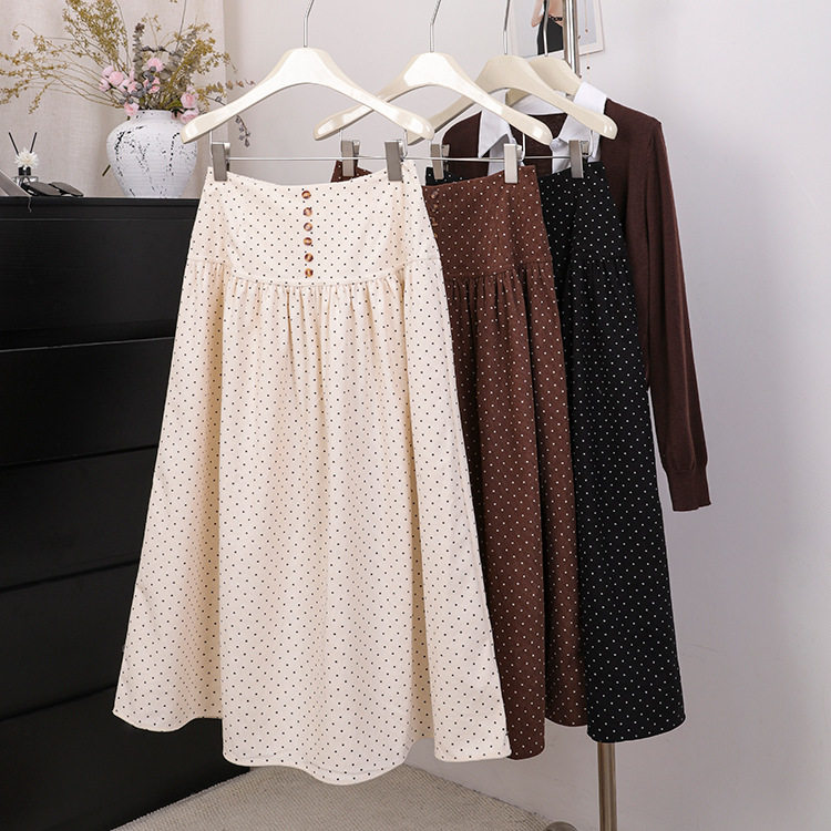 菲媛韩国chic复古小众波点高腰半裙女 秋冬新款纽扣设计毛呢A字裙