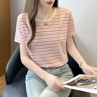 苗条清凉薄款韩系好看修身圆领条纹短袖T恤女夏季小个子00后新款