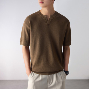 男老钱风男式 2026夏季 重磅短袖 高端美式 休闲T恤潮杏色棉 新款