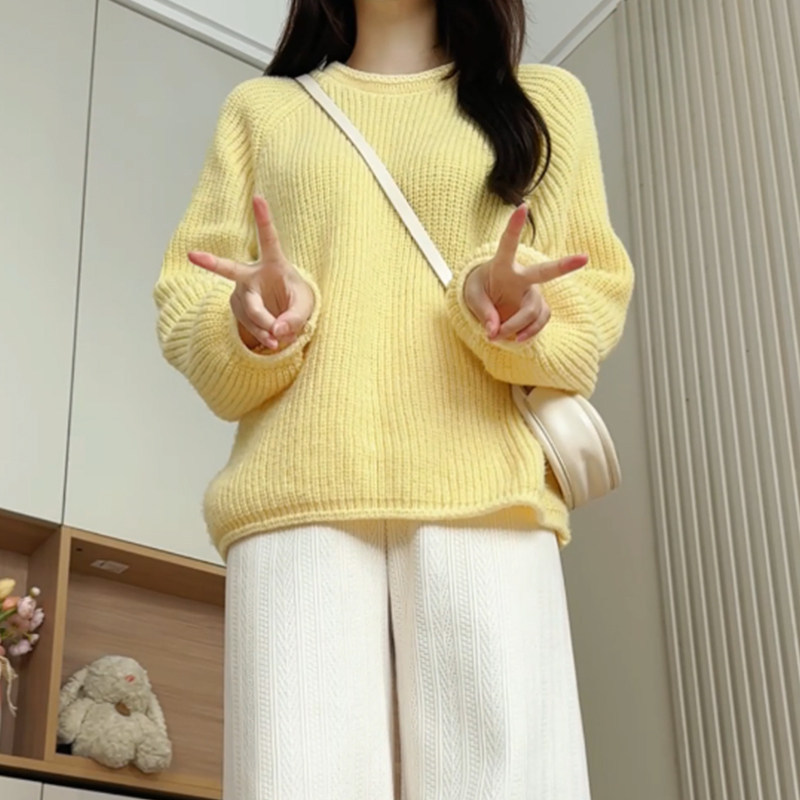 黄色针织毛衣女2026新款秋冬季韩系宽松慵懒风圆领套头打底衫上衣