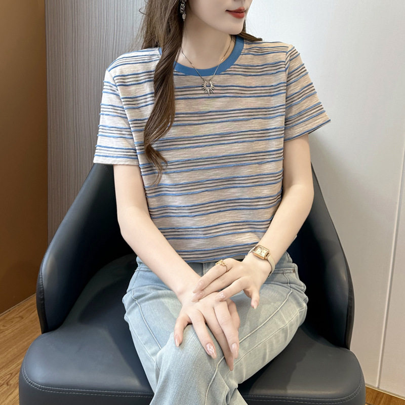 蓝棕条纹圆领短袖T恤女春夏新款