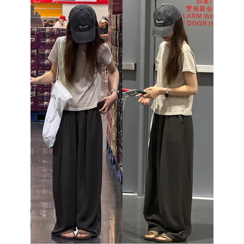 茶青色天丝亚麻阔腿裤女夏季薄款小个子高腰垂感宽松显瘦直筒裤子