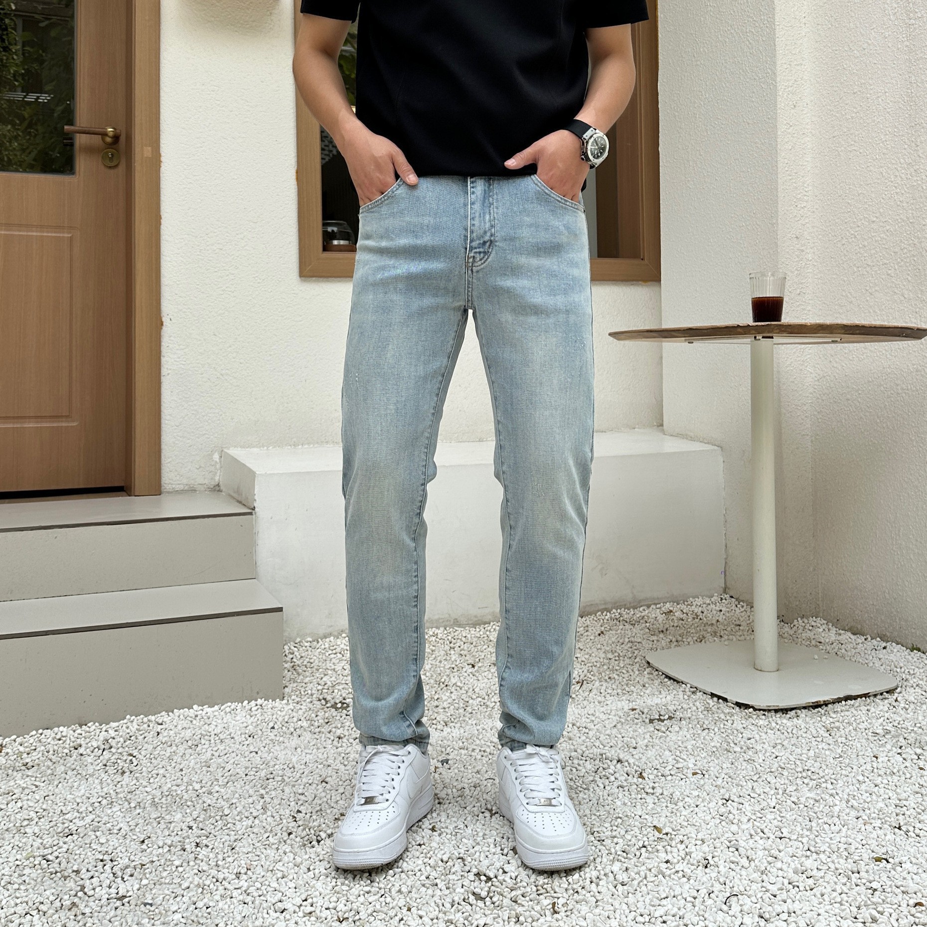 原创设计高端欧货男士牛仔裤蓝色洗水修身直筒弹力四季休闲男长裤