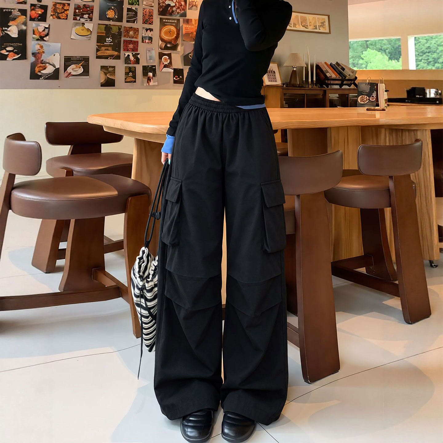 黑色工装裤女款2026新款秋季新款宽松显瘦冲锋裤小个子休闲阔腿裤