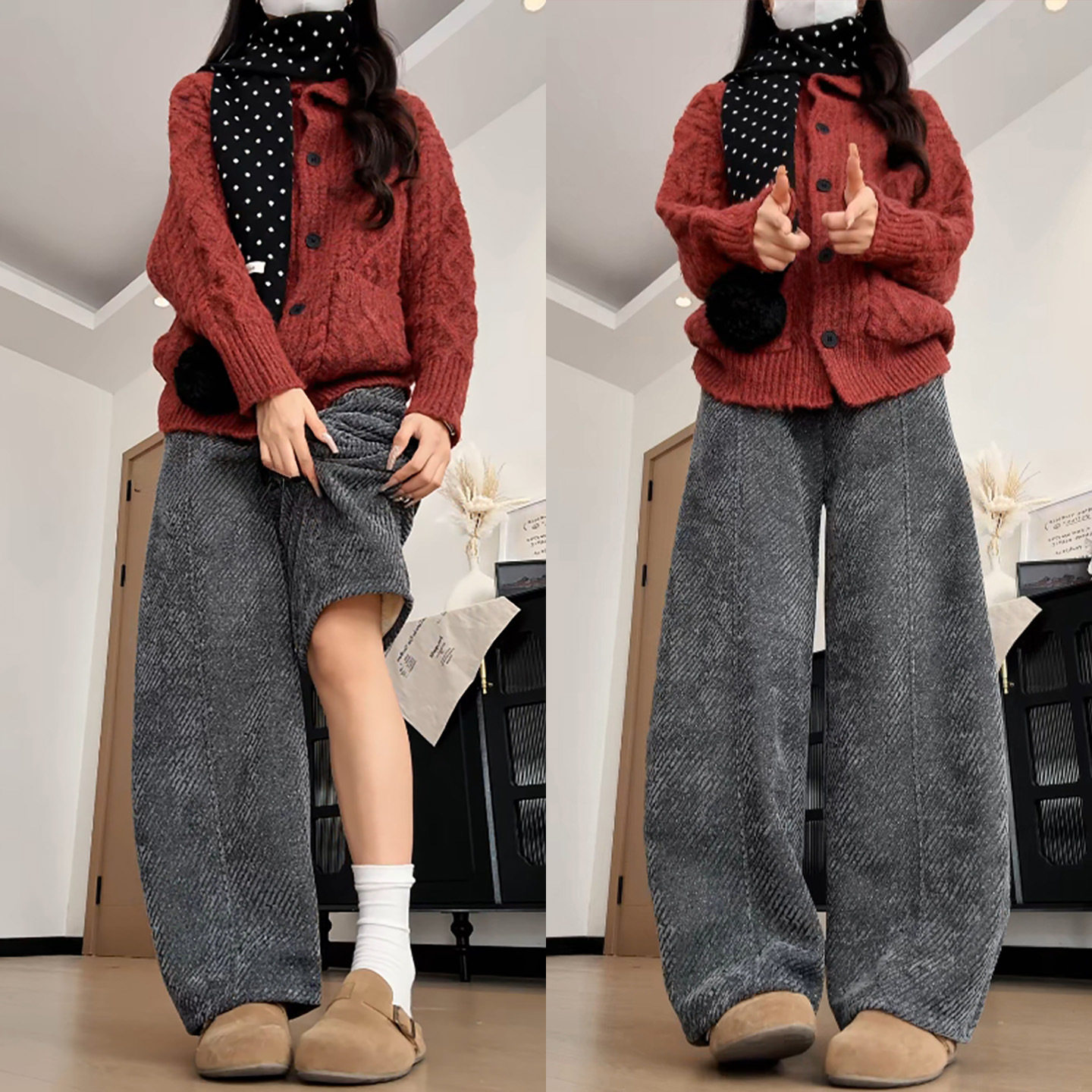 黑色加绒弯刀裤女2026新款秋冬季加厚毛呢阔腿裤窄版斜纹亮丝裤子