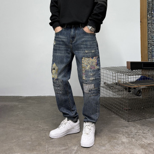 子 哈伦破洞补丁潮牌锥形痞帅炸街牛仔老爹裤 美式 复古高街男牛仔裤