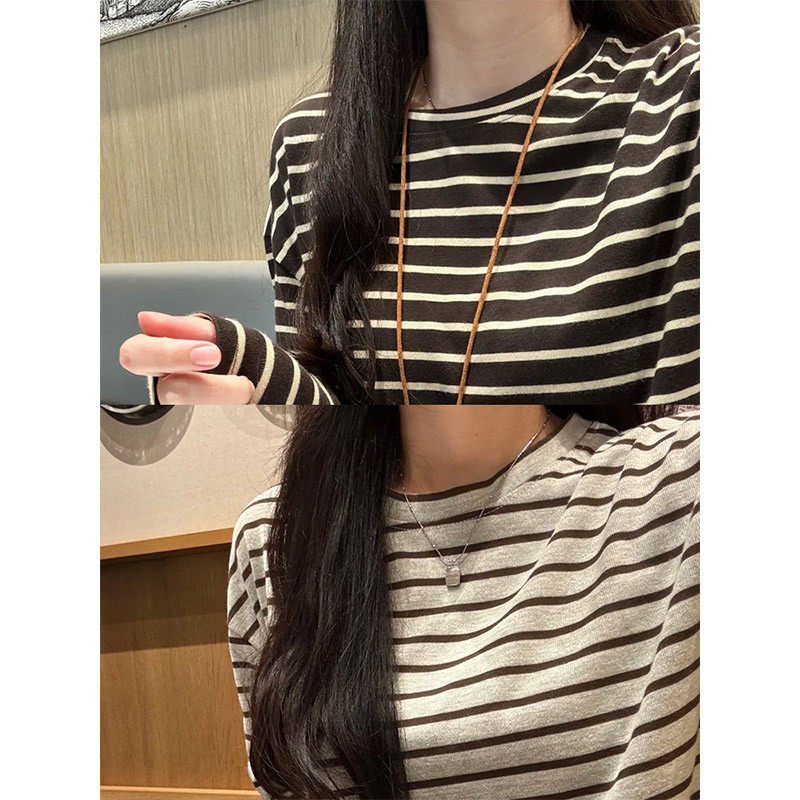 韩系复古条纹正肩长袖T恤女春秋冬内搭打底衫oversize慵懒风上衣