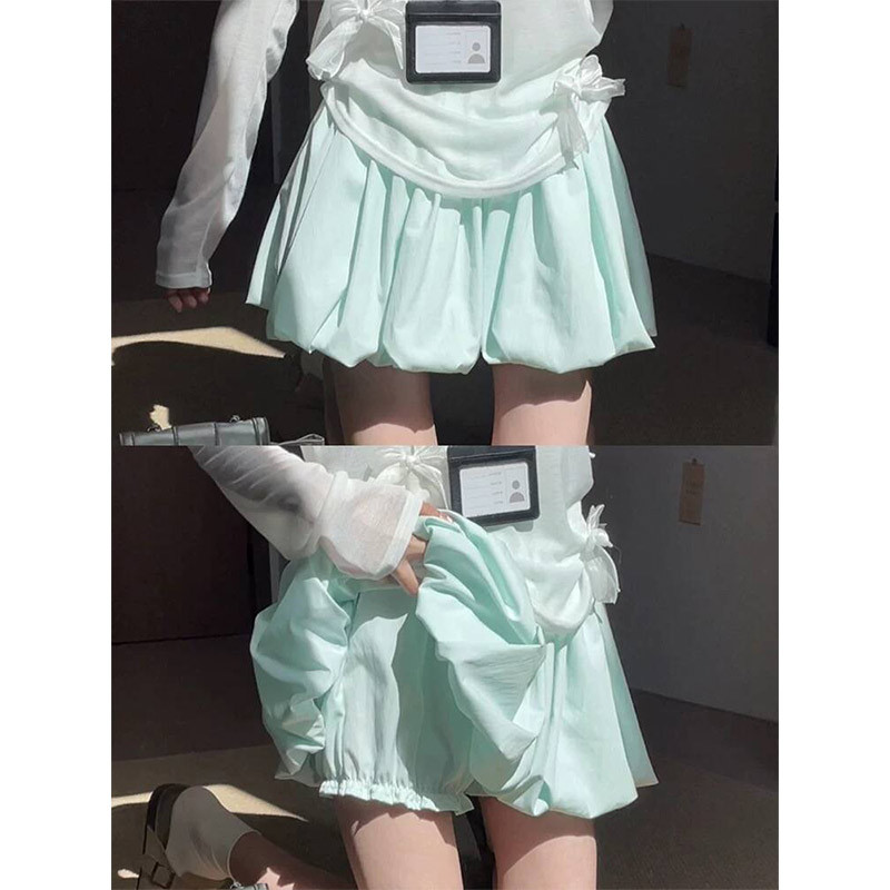薄荷绿蓬蓬花苞裙裤女夏季新款防走光半身裙高腰显瘦百褶a字短裙