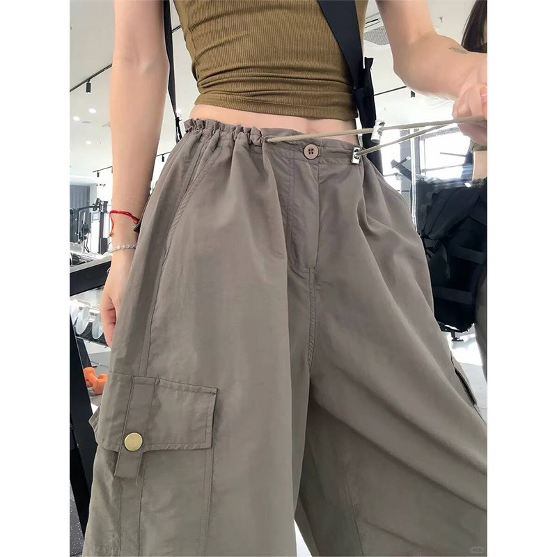 军绿色美式工装裤女夏季薄款速干运动裤小个子高腰直筒宽松阔腿裤