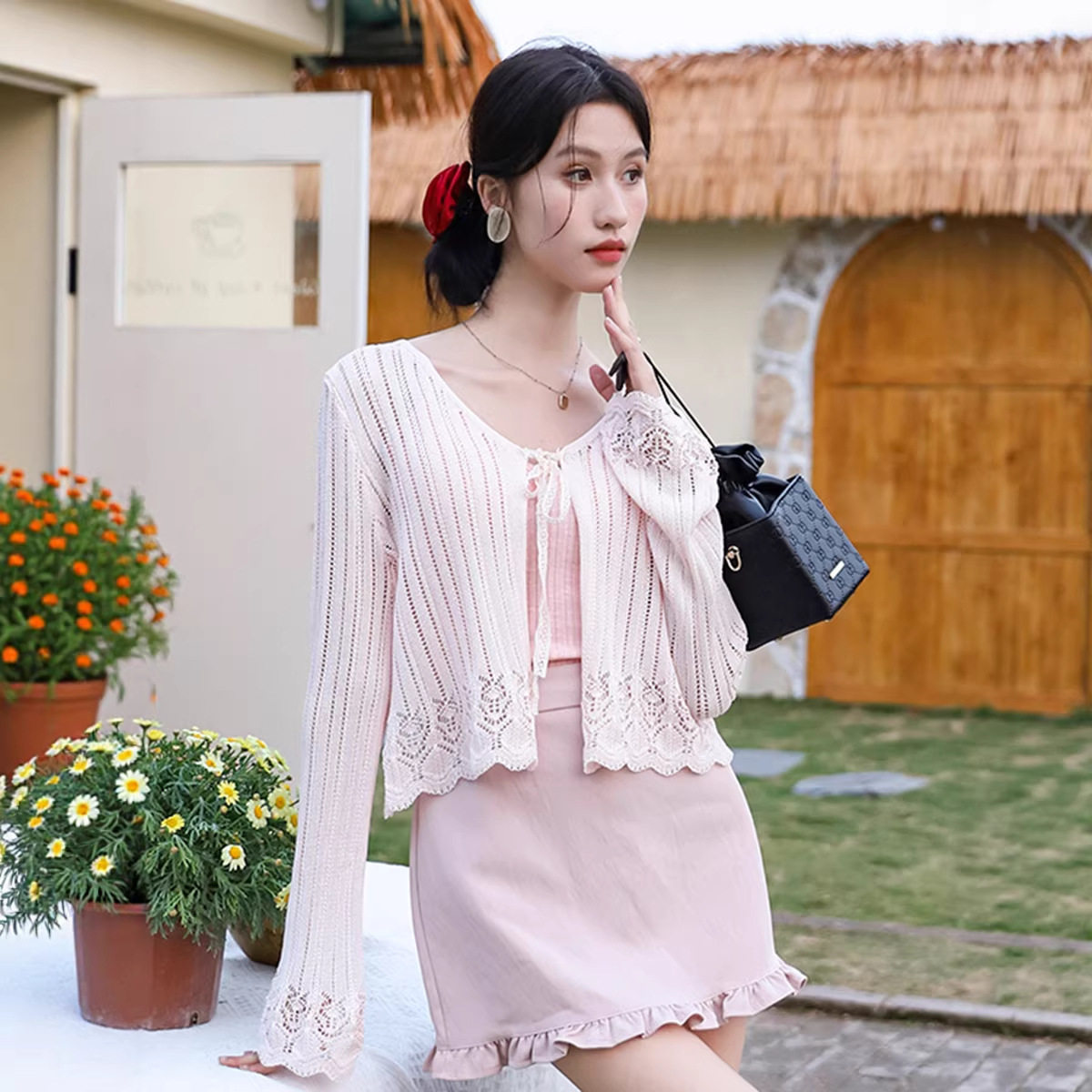 菲媛春夏新款镂空系带针织外套女 甜美小清新粉色短款轻薄上衣