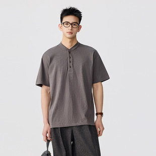 通勤时尚 高端简约中式 春夏新款 T恤男士 老钱风百搭体恤 亨利领短袖