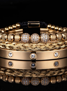 欧美时尚潮流简约男生锆石手链高级感黑色字母钛钢个性气质手饰潮