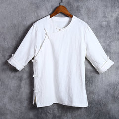 Phong cách trung quốc Tang phù hợp với tấm Hanfu khóa linen t-shirt nam mùa hè Trung Quốc cotton ngắn tay thanh niên nằm trang phục dân tộc