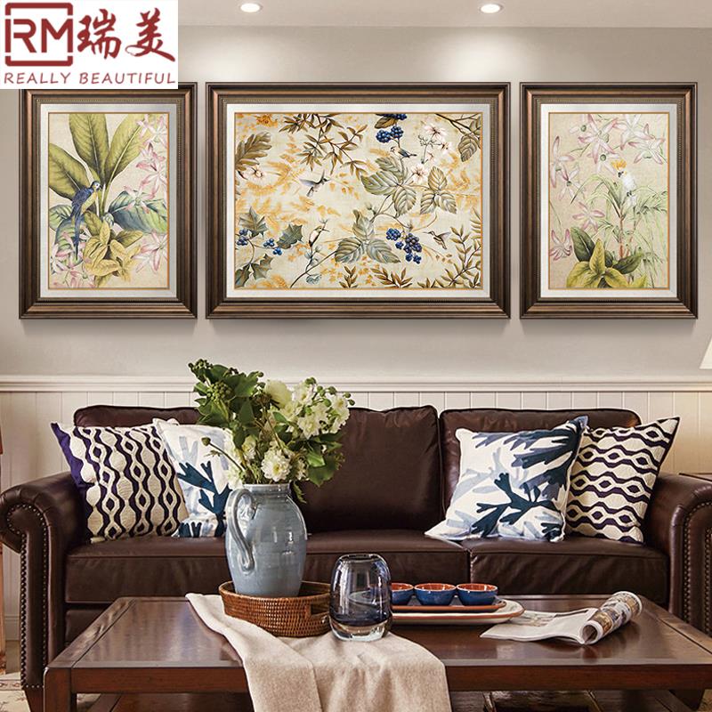 美式复古客厅装饰画欧式沙发背景墙画花鸟三联画法式轻奢植物挂画图片