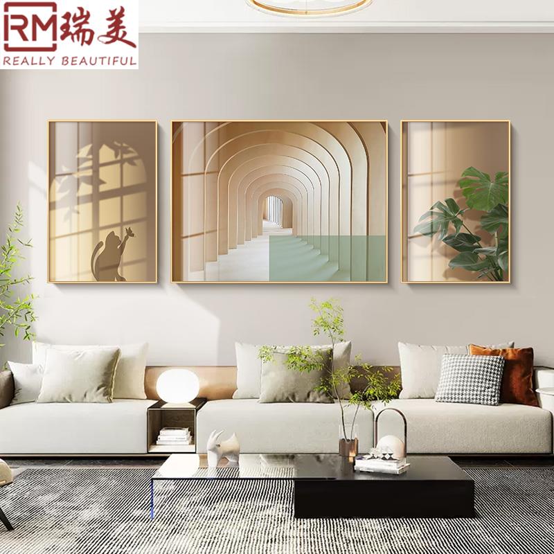 现代简约客厅装饰画三联画绿植建筑抽象沙发背景墙挂画大气壁画图片