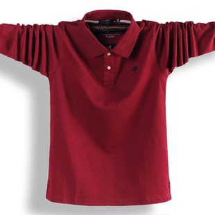 加厚高级感翻领长袖T恤男棉加肥加大商务休闲宽松加绒酒红Polo衫