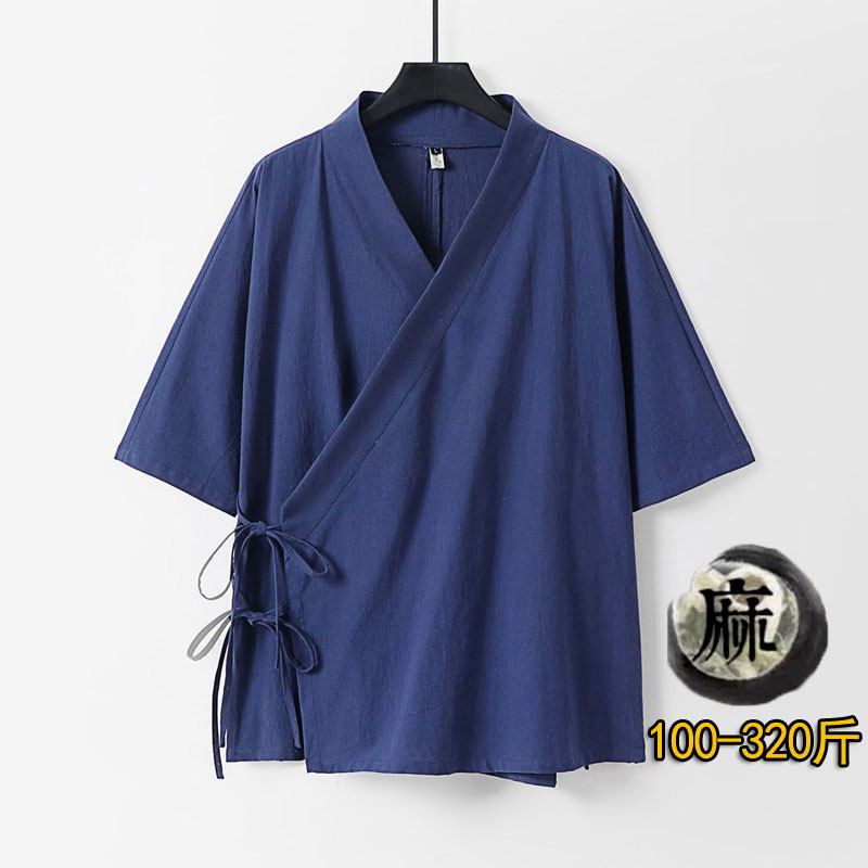 中式绑带斜襟短袖T恤男棉麻大码汉服亚麻茶服太极练功禅修七分袖