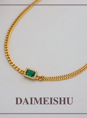 欧美复古时尚个性方形绿色锆石项链女百搭高级感轻奢简约小众颈链