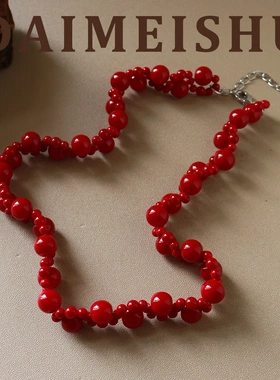 新年复古简约百搭手工编织红色琉璃项链轻奢高级感时尚气质锁骨链