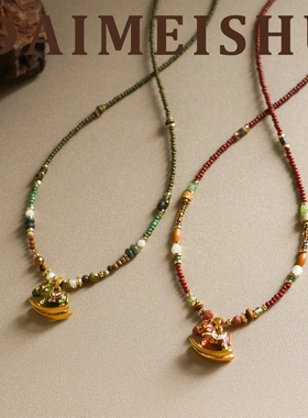 原创新款复古精致滴油木马天然石项链配饰女轻奢小众高级感锁骨链