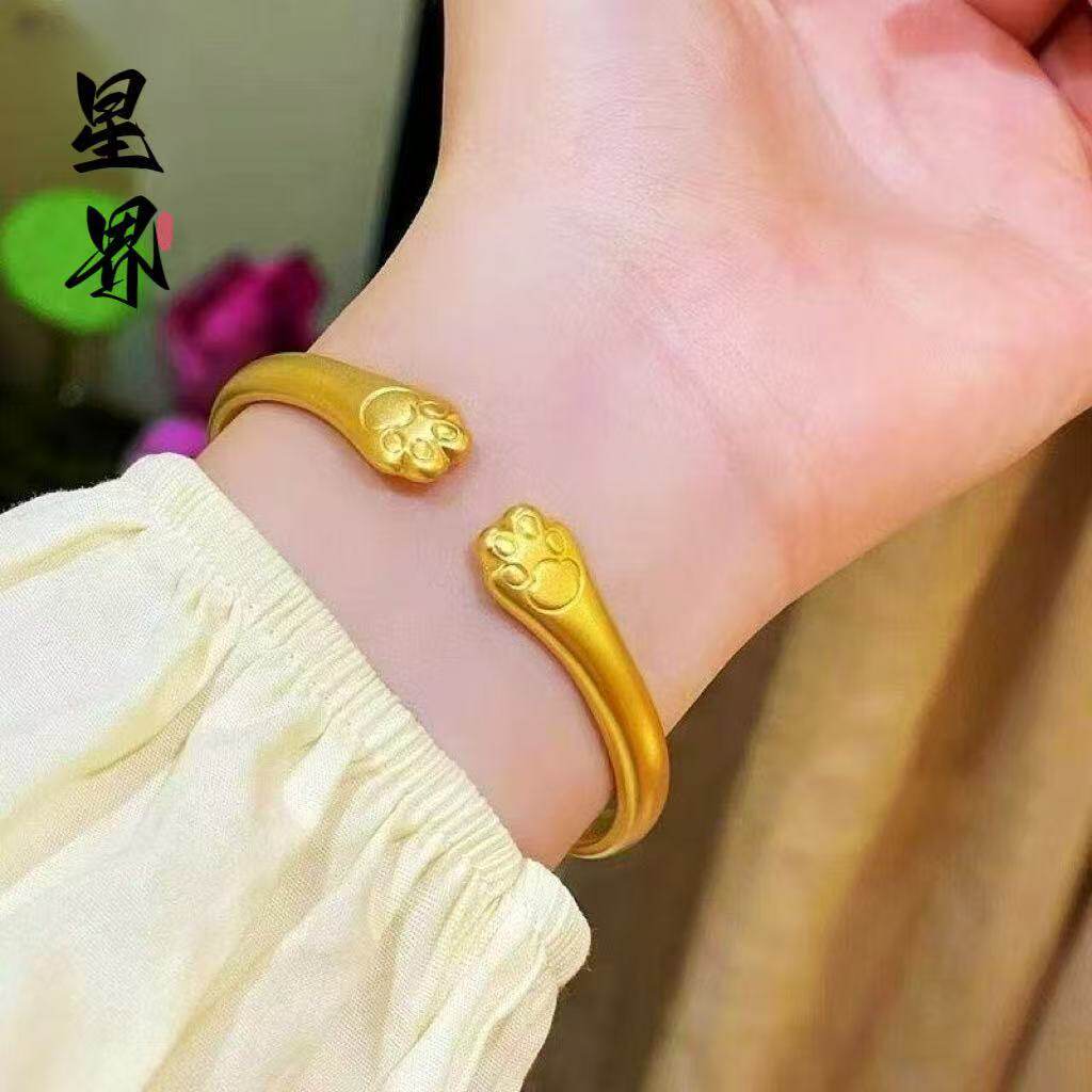 金店同款古法沙金开口猫爪手镯戒指女高保色可爱萌宠猫咪手环