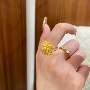 绣球花戒指女款新中式复古黄金色花塔戒指婚嫁戒花朵环真假三金