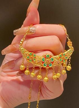 宫廷沙金项链古法黄金色桃花铃铛流苏吊坠烧蓝花朵琳琅彩锁骨链女