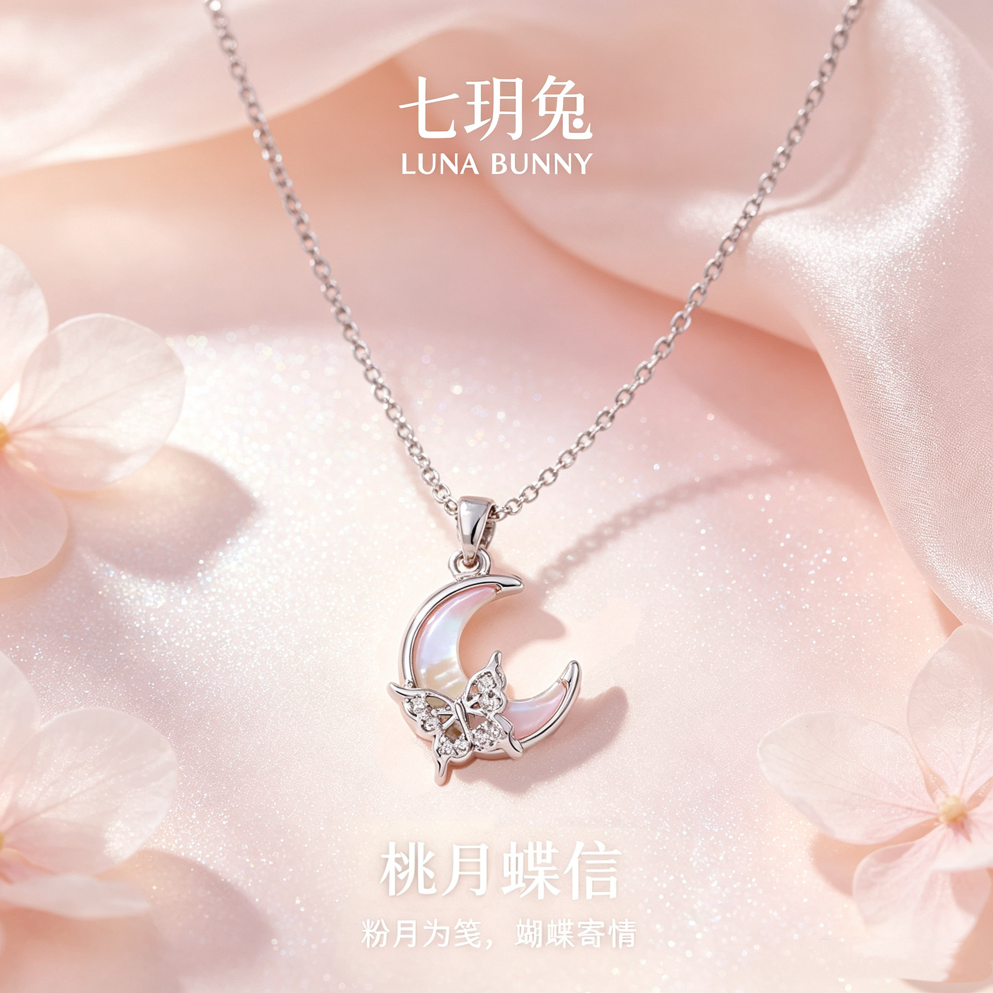 粉色月亮蝴蝶项链 小众轻奢新款高级温柔显白吊坠百搭精致简约