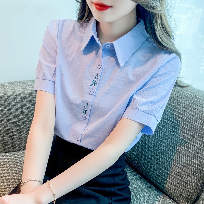 香港TIMO夏季款时尚薄款刺绣纯棉衬衫女洋气全棉减龄上衣短袖衬衣