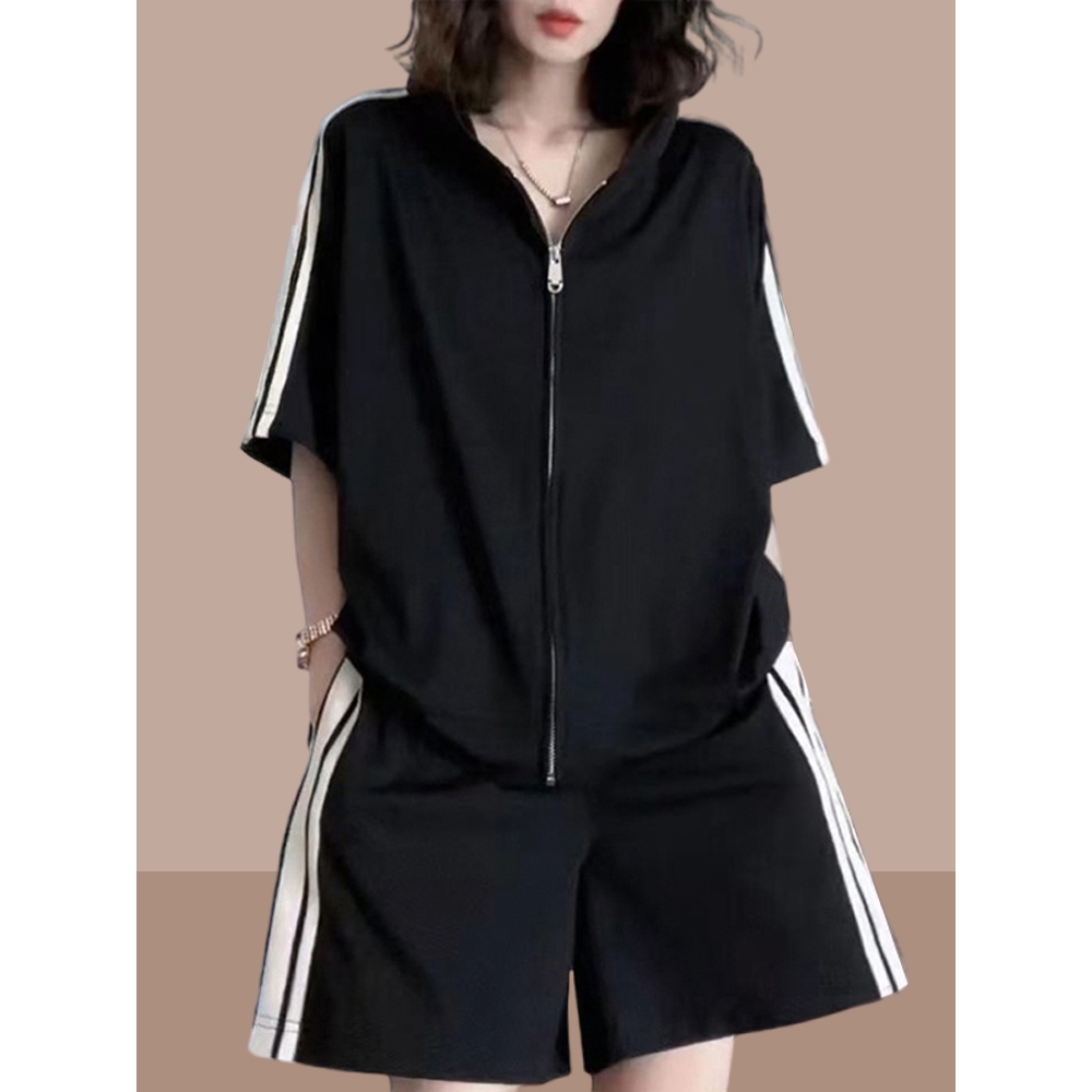 纯棉运动服套装女装2025夏季流行单品大码胖MM条纹阔腿短裤两件套