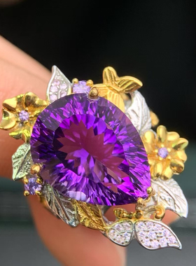 意大利设计天然紫水晶戒指S925银女士活口戒指双层度金水滴夸张款