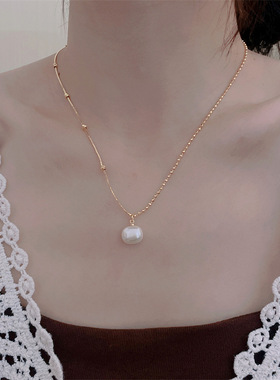 几何方圆夏季小众高级感轻奢小珍珠不对称拼接锁骨项链女