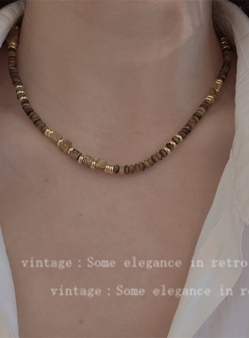 复古美拉德风金色虎眼石串珠项链女百搭高级感气质甜酷小众锁骨链