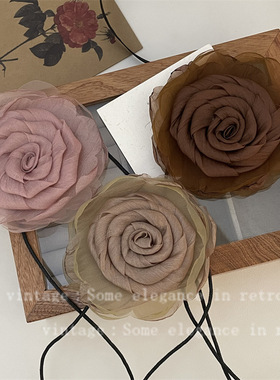 复古布艺烧边玫瑰花手工网纱山茶花颈链绑带手腕花头饰配饰