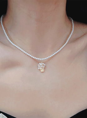 春夏爆米花锆石吊坠珍珠链叠戴轻奢高级感锁骨链颈链饰品气质