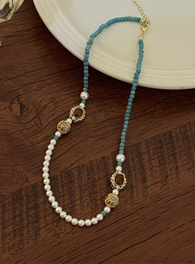 ins小众仿珍珠拼接串珠项链女百搭简约气质设计感复古锁骨颈链