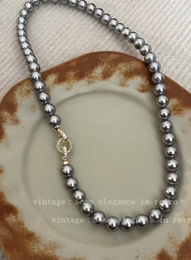 施家真多麻银灰澳白珍珠满钻环形扣气质毛衣链女轻高级脖颈链