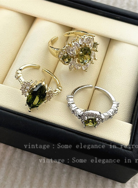 中古宫廷橄榄石绿宝石戒指复古轻奢开口可调节食指中指戒指