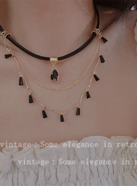 亚文化辣妹水滴黑色多层锁骨链甜酷个性百搭纯欲复古颈链