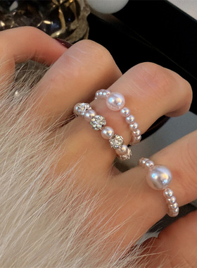 S家镶钻珍珠戒指小众设计弹力指环气质百搭叠戴精致高级感指戒