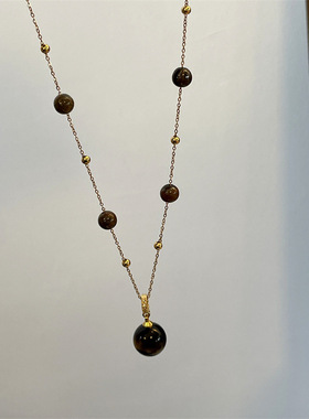 秋冬美拉德虎眼石串珠项链简约时尚百搭复古气质轻奢锁骨链毛衣链