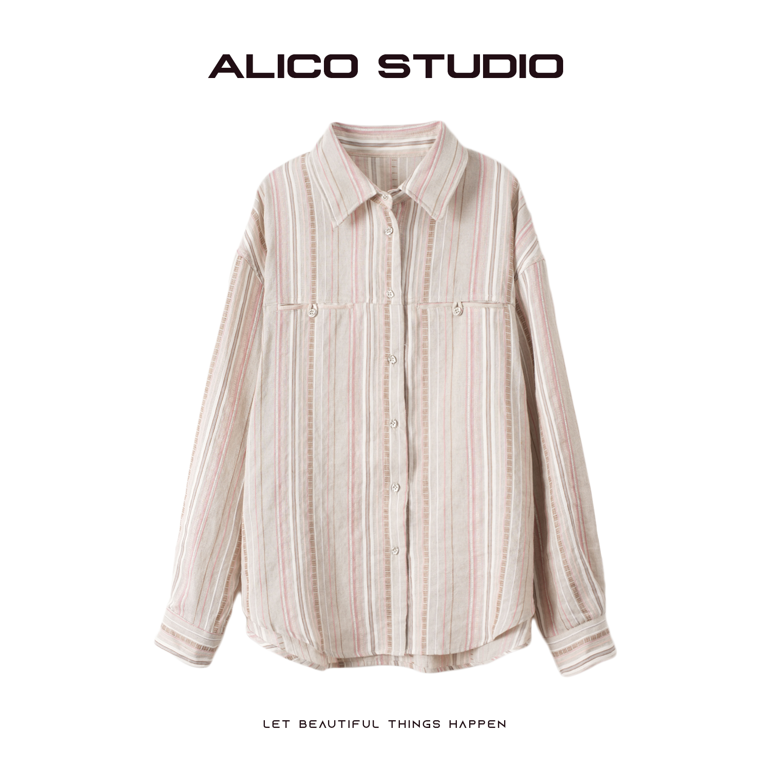 ALICO亚麻条纹复古宽松设计感衬衫口袋常规长袖经典