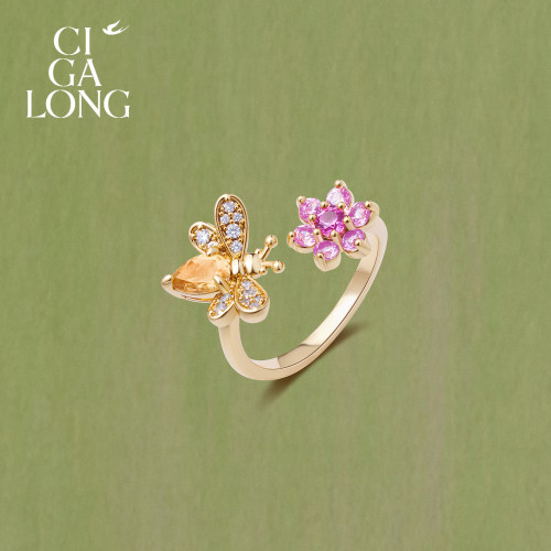 CIGALONG游蜂碎花黄水晶项链耳钉