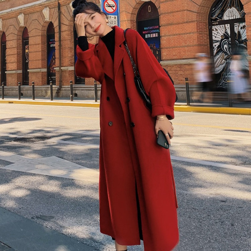 安可拉红色毛呢外套女秋冬中长款加棉加厚2024新款高级感呢子大衣